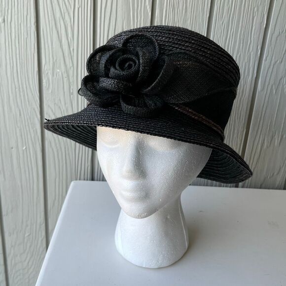 Betmar New York Black Straw Hat Wide Brim Rose Accent Church Derby Tea - Picture 13 of 13
